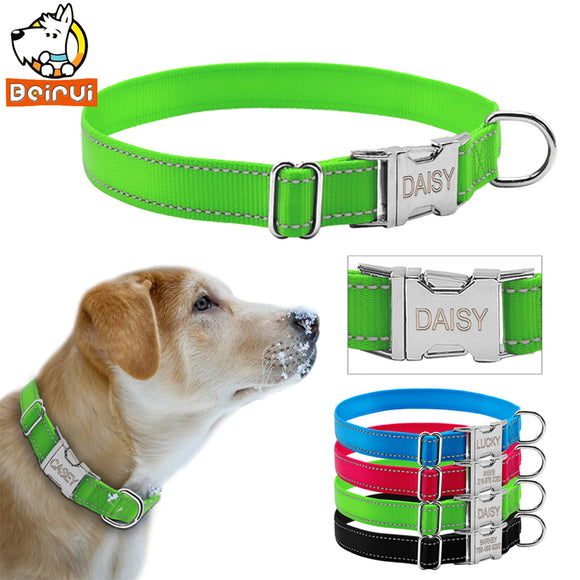 Reflective Engraved Dog Collar Nylon Personalized Night Safe Collars with Metal Adjustable Buckle For Small Medium Large Pet